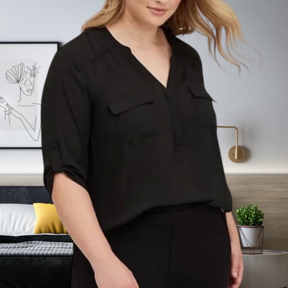 TORRID Womens Size 2 Blouse Harper Georgette 2XL Plus Size Black 3/4 Sleeve
